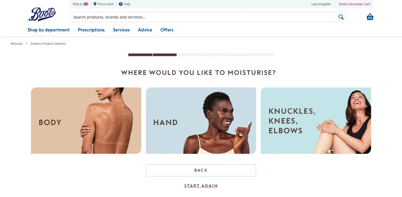 Where would you like to moisturise screen
