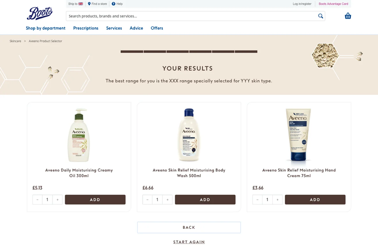 Product selector intro screen