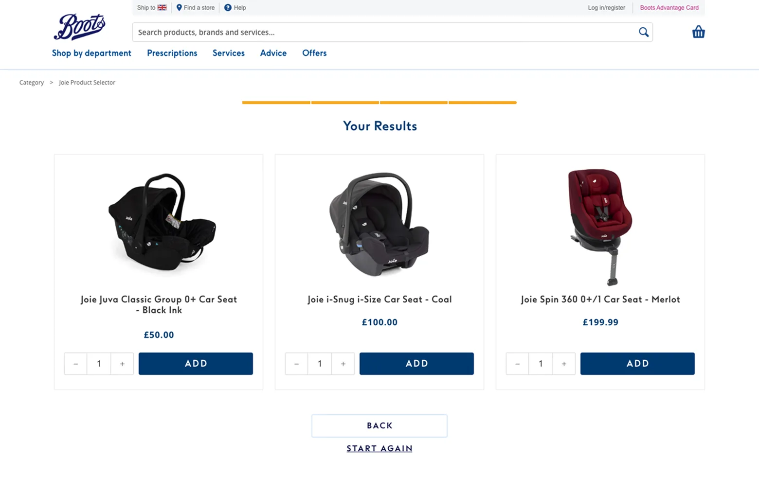 Joie seat selector intro screen