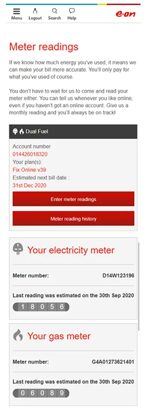 E.ON mobile meter reading submission screen