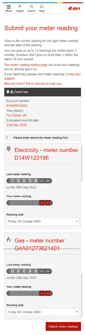 E.ON mobile meter readings overview screen