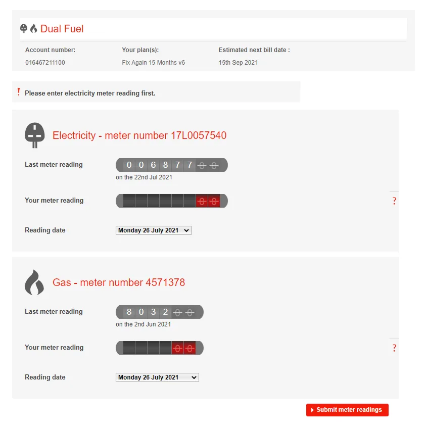 E.ON dual fuel meter reading entry screen