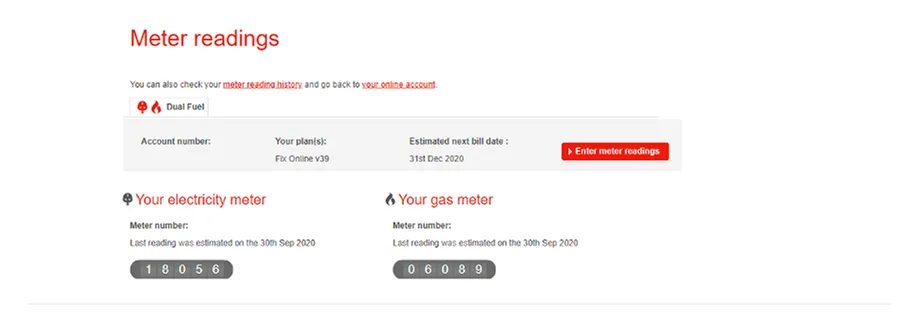 E.ON meter readings account overview page