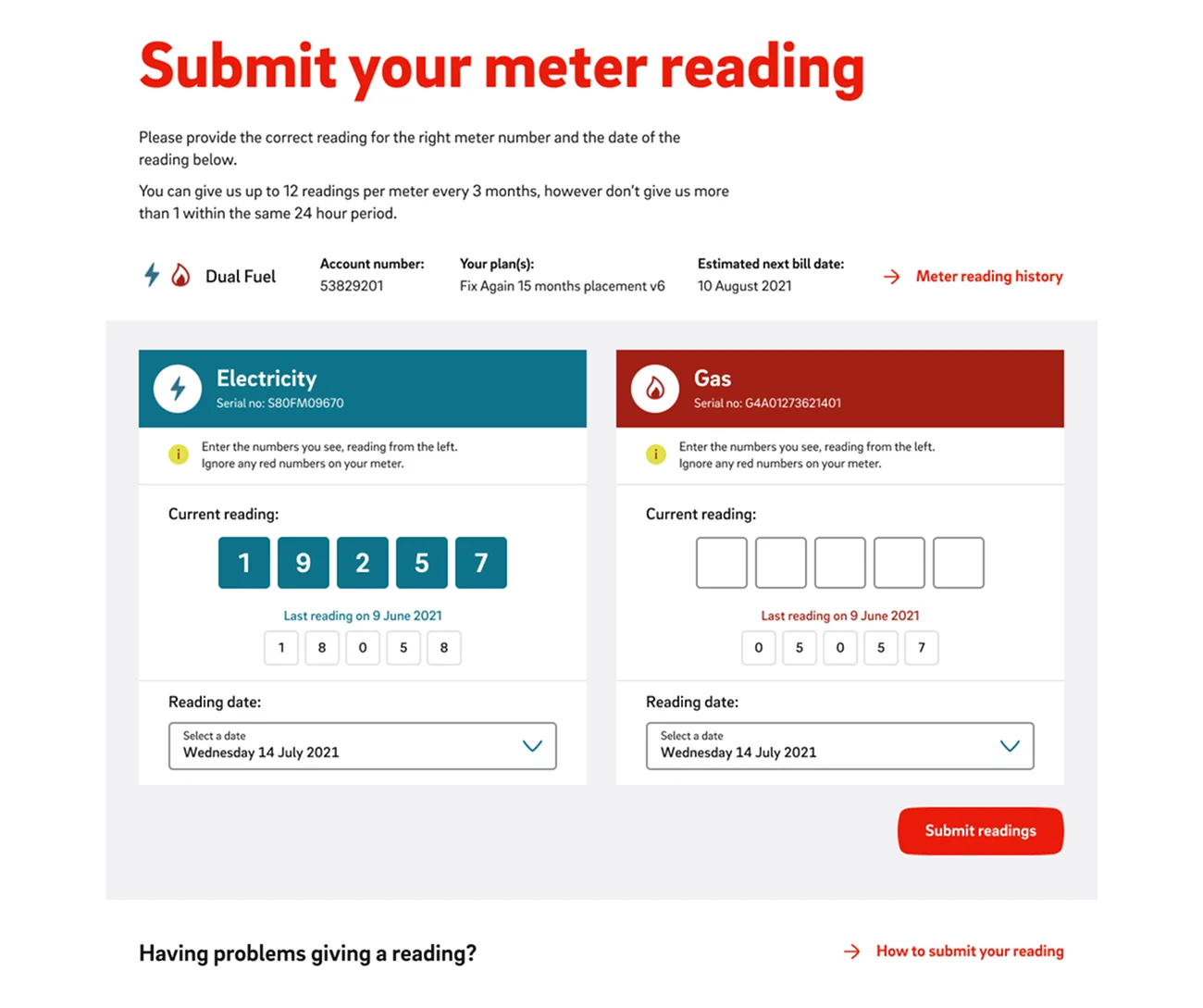 E.ON desktop submit your meter reading screen (dual fuel)