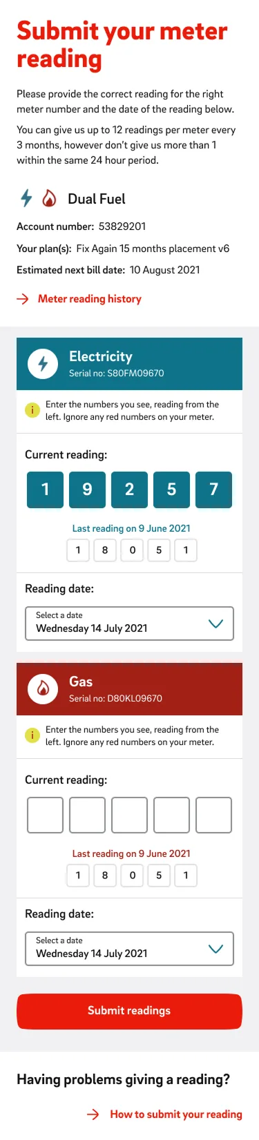 E.ON mobile submit your meter reading screen (dual fuel)