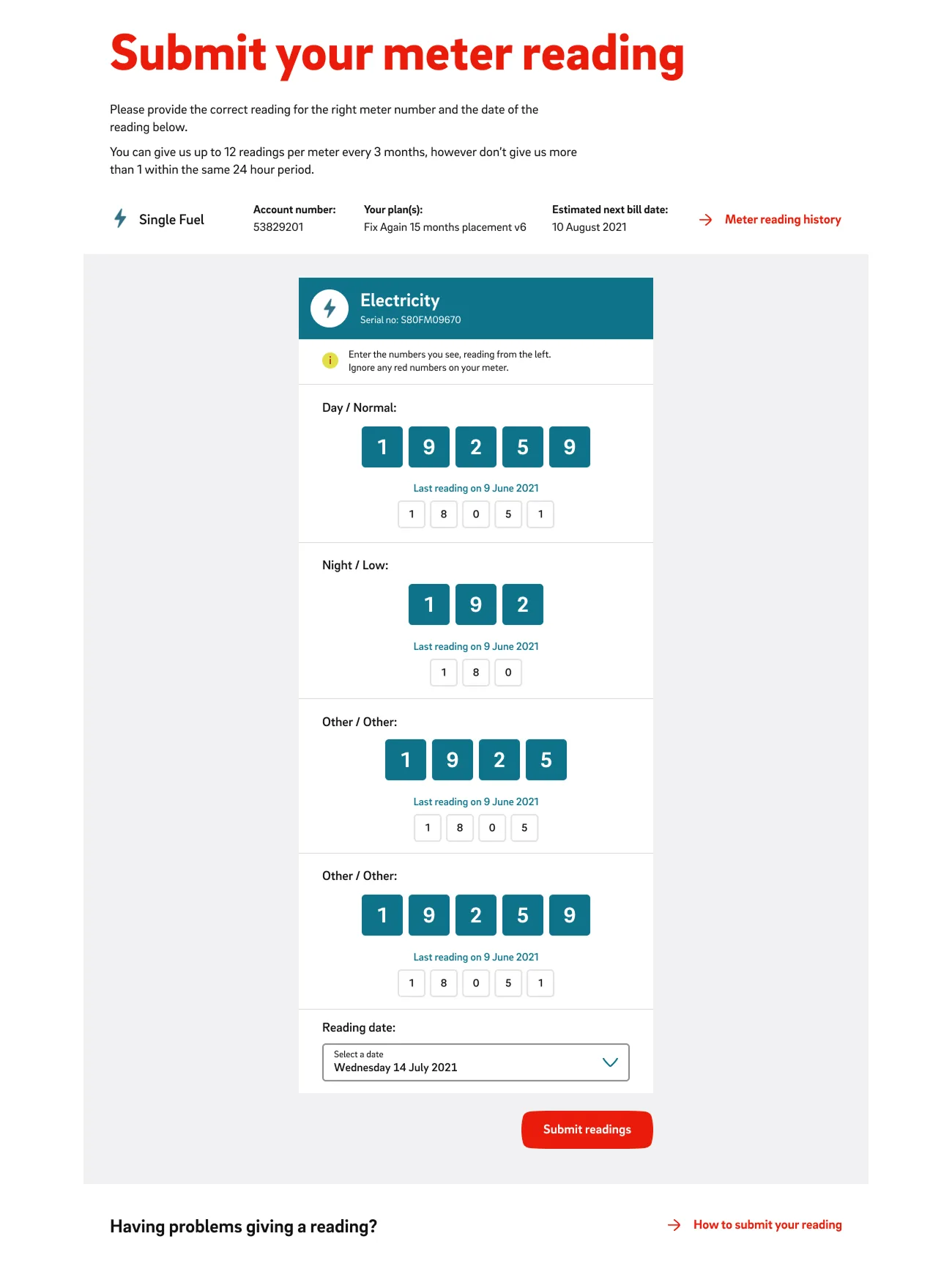 E.ON submit your meter reading screen with multiple rate tiers