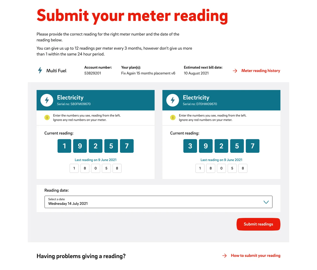 E.ON multi fuel meter reading screen with two electricity meters