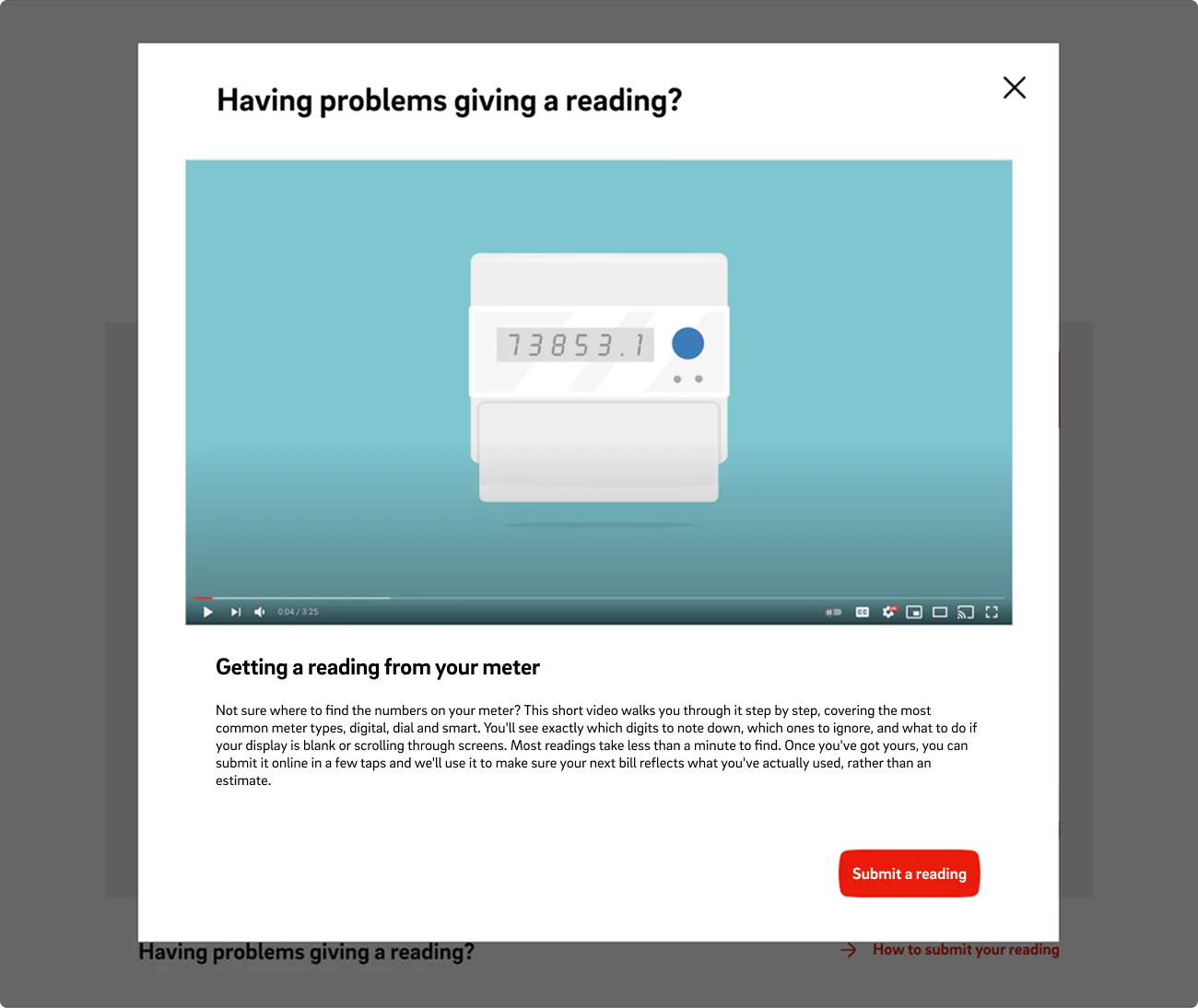 E.ON help modal with a video on getting a reading from your meter