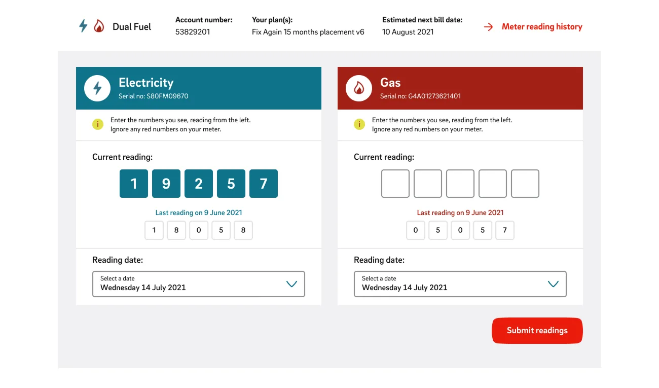 E.ON dual fuel meter reading submission screen