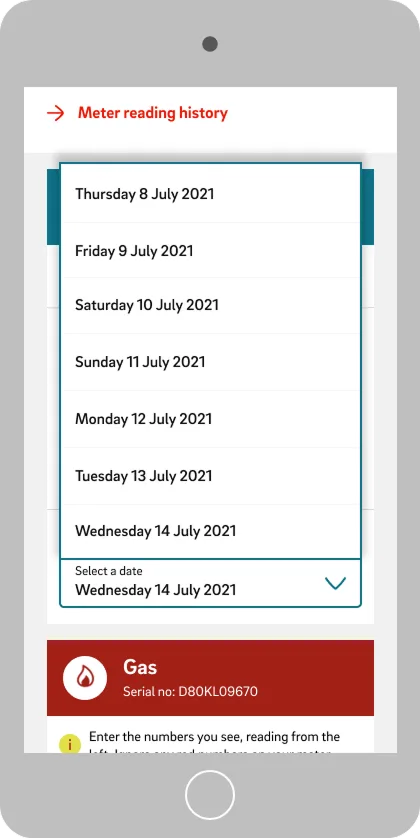 E.ON mobile meter reading history date picker