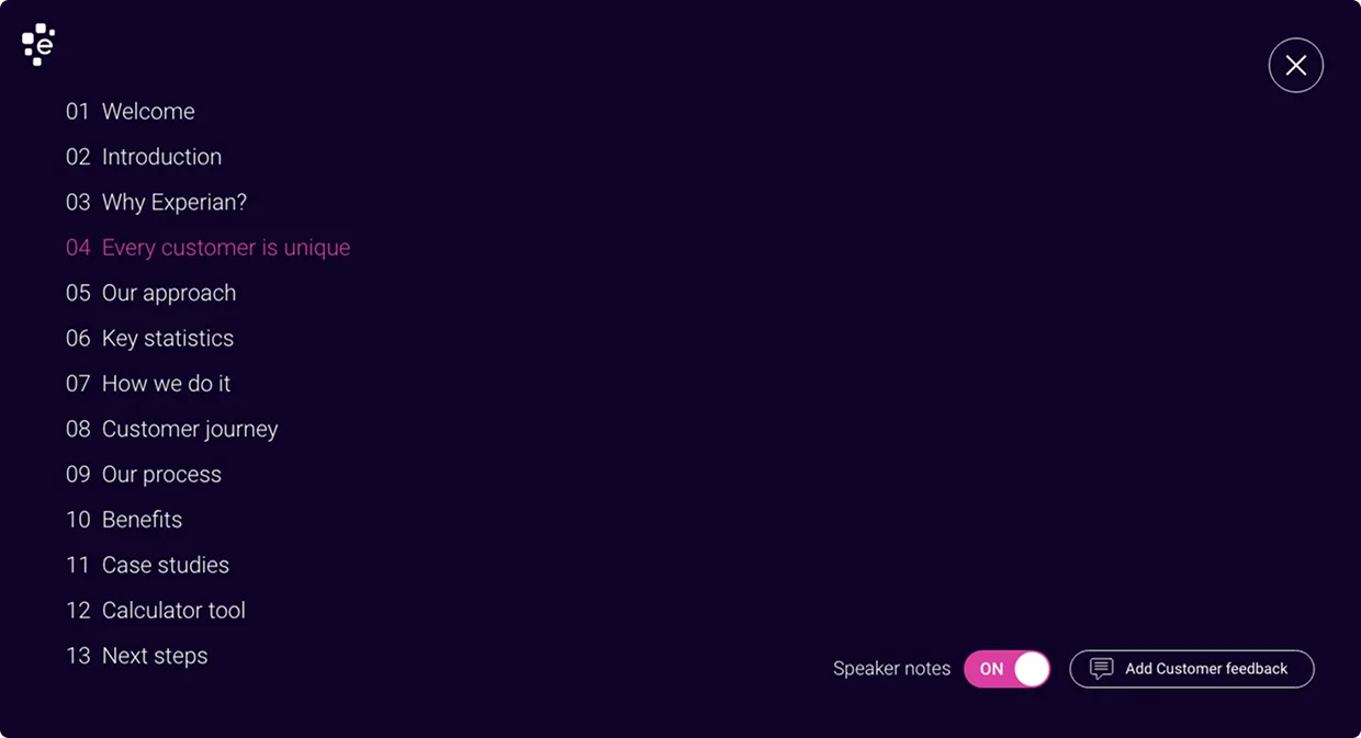 Presentation navigation menu with speaker notes and customer feedback controls
